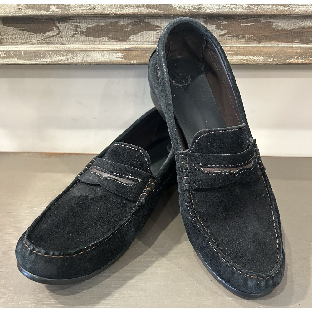 Munro Ramie Black Leather Suede Penny Loafers Comfort Shoes Women Made USA 9.5 M